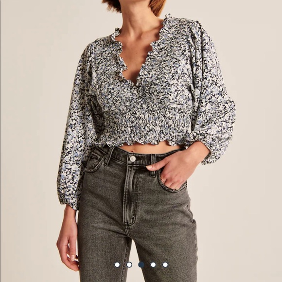 Abercrombie Navy Floral Smock Wrap Shirt - Picture 2 of 6